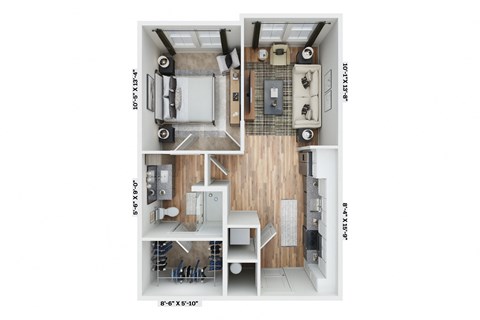 a stylized floor plan with a bedroom and a living room